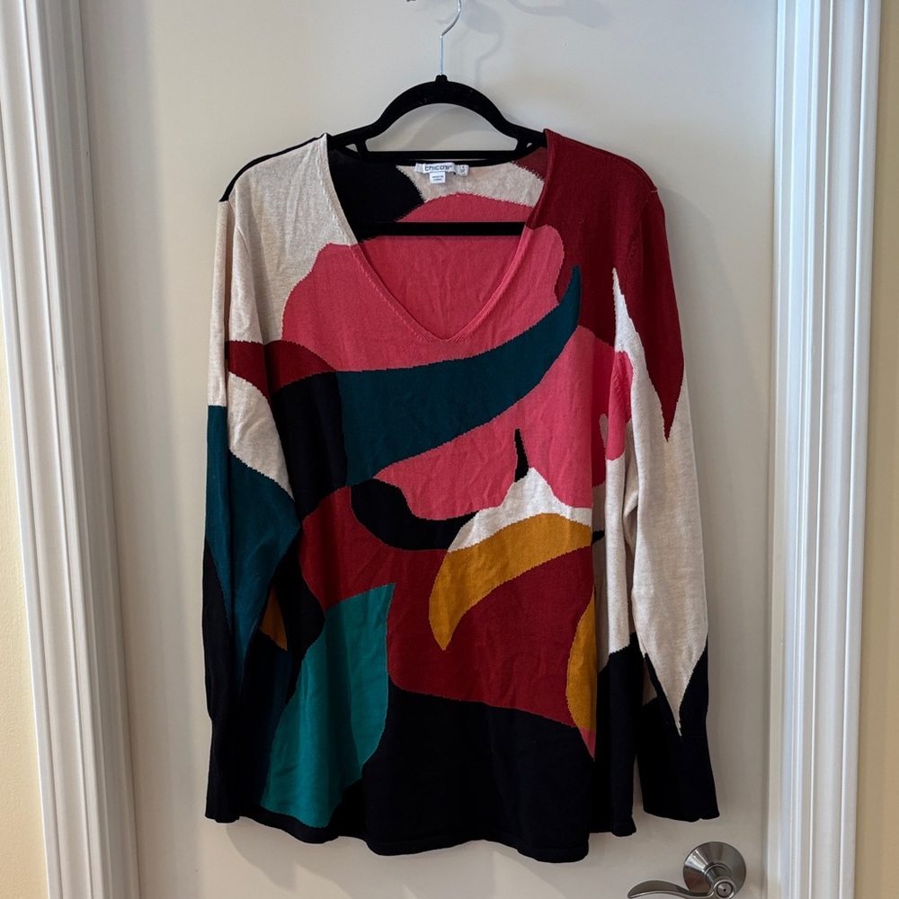 Chico's Colorful Abstract V-Neck Long Sleeve Top